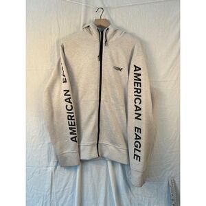 American Eagle Mens XL Full Zip Hoodie Oatmeal Sleeve Graphic Sweatshirt #2204